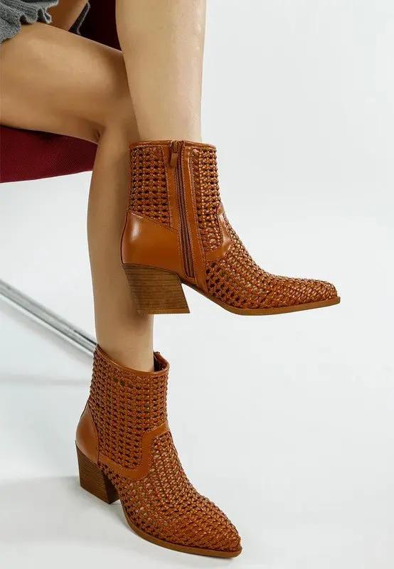 Artisole Woven Pleather Block Heel Boots for Stylish Comfort - Love Salve
